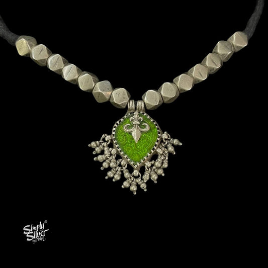 Silver Statement Beads Necklace with Big Green Glass & Ghungroos - MH5831