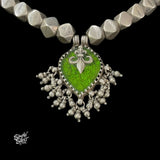 Silver Statement Beads Necklace with Big Green Glass & Ghungroos - MH5831