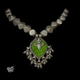 Silver Statement Beads Necklace with Big Green Glass & Ghungroos - MH5831