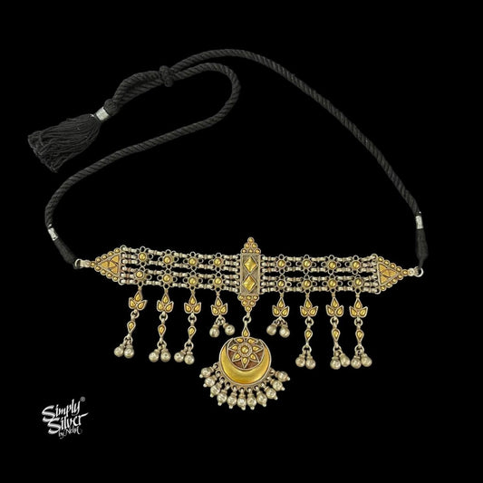 Silver Statement Gold Embossed Flower & Chaand with Ghungroos Choker - MH5835
