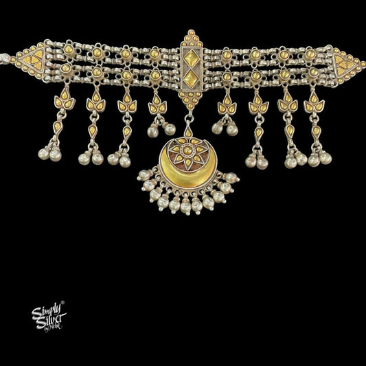 Silver Statement Gold Embossed Flower & Chaand with Ghungroos Choker - MH5835