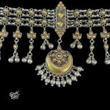 Silver Statement Gold Embossed Flower & Chaand with Ghungroos Choker - MH5835