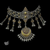 Silver Statement Gold Embossed Flower & Chaand with Ghungroos Choker - MH5835