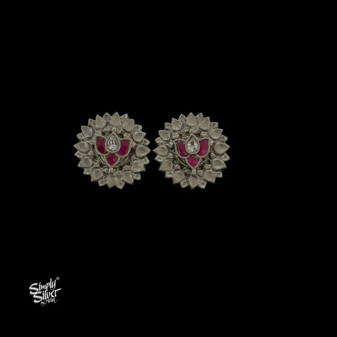 Silver Pink & White Kundan Lotus Studs - MH5836