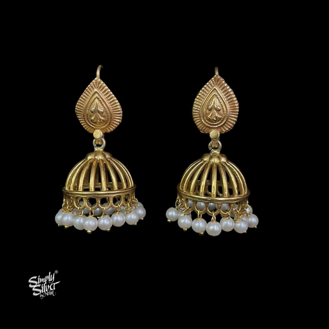 Gold Polish Paan & Jaali Jhumka with Pearls - MH5837