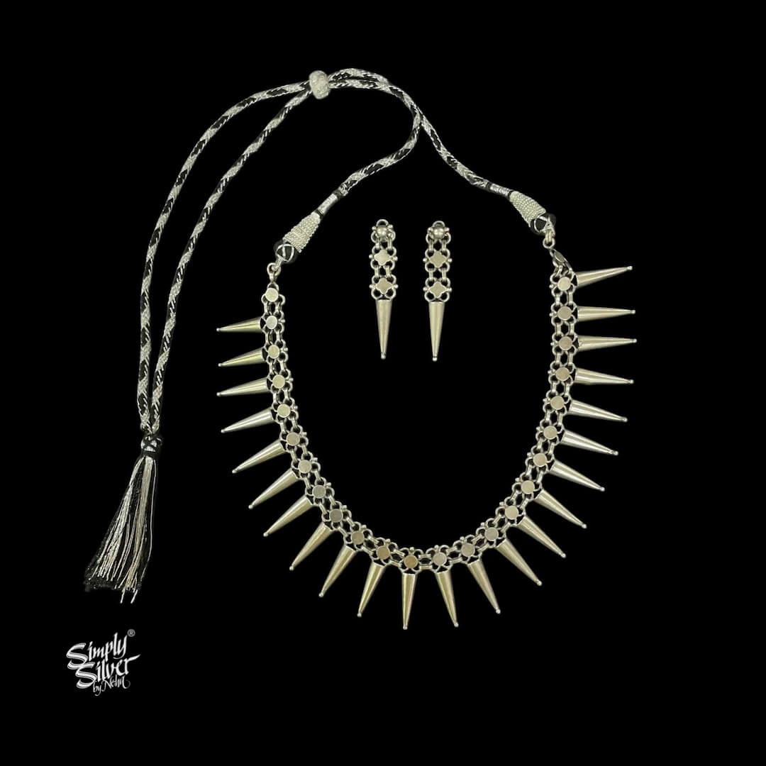 Silver Jaali Flower with Conical Choker Earring Set - MH5838