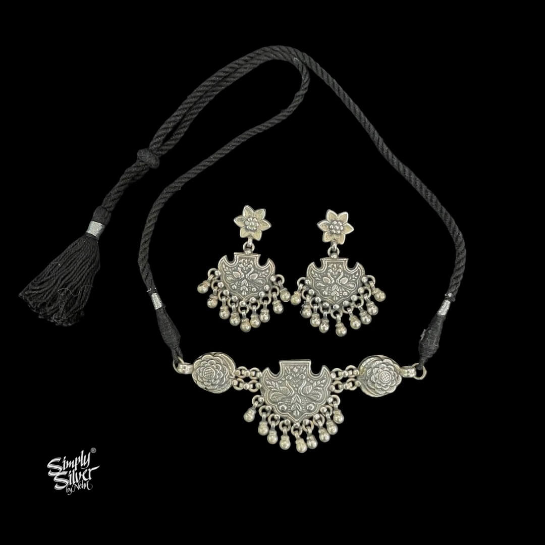 Silver Peacocks & Flowers Ghungroos Choker Earrings Set - MH5844