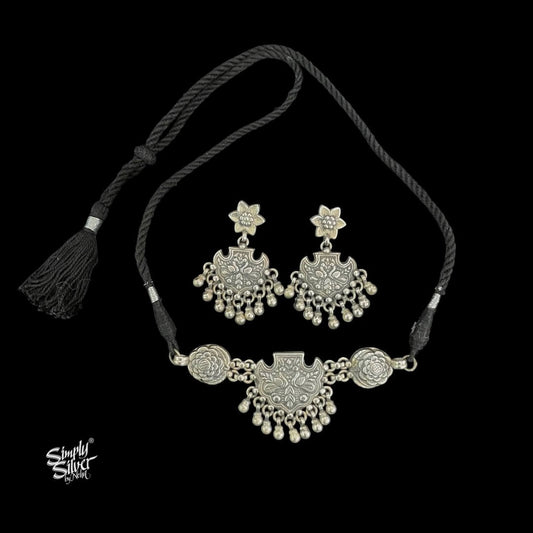 Silver Peacocks & Flowers Ghungroos Choker Earrings Set - MH5844