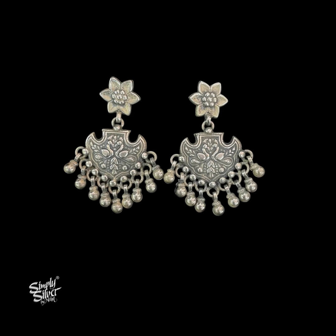 Silver Peacocks & Flowers Ghungroos Choker Earrings Set - MH5844