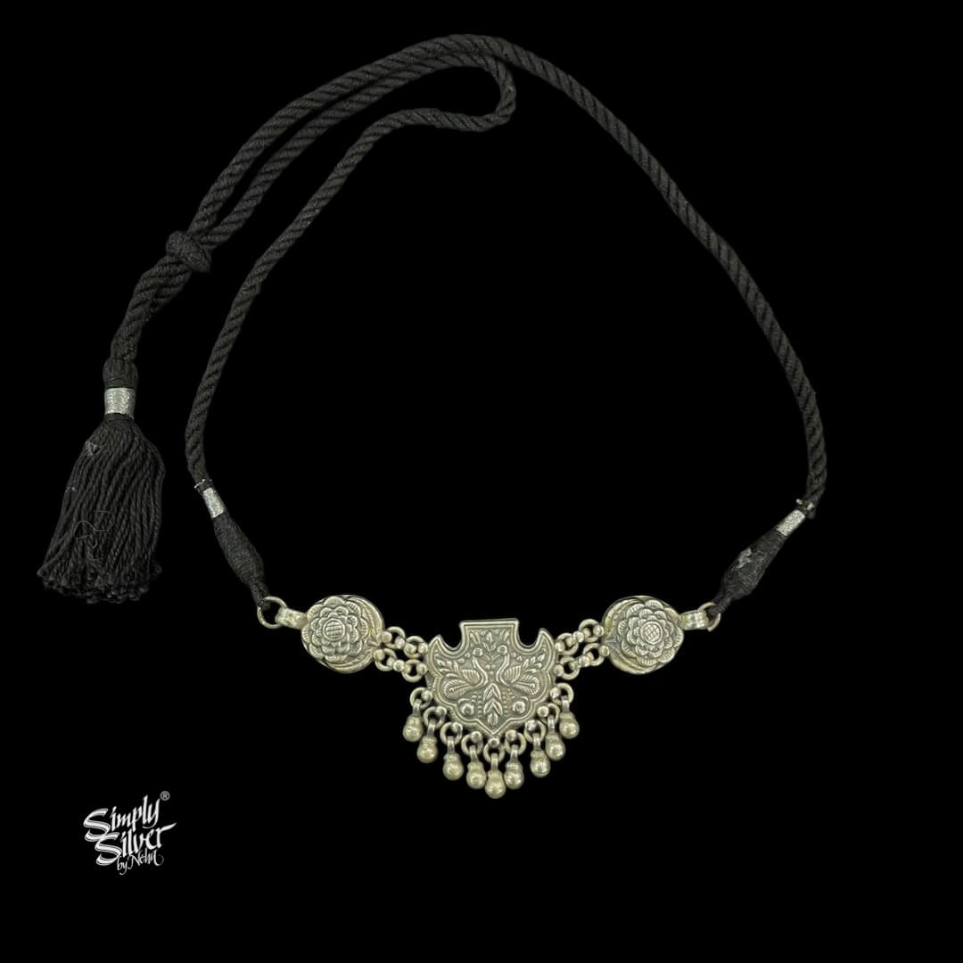 Silver Peacocks & Flowers Ghungroos Choker Earrings Set - MH5844