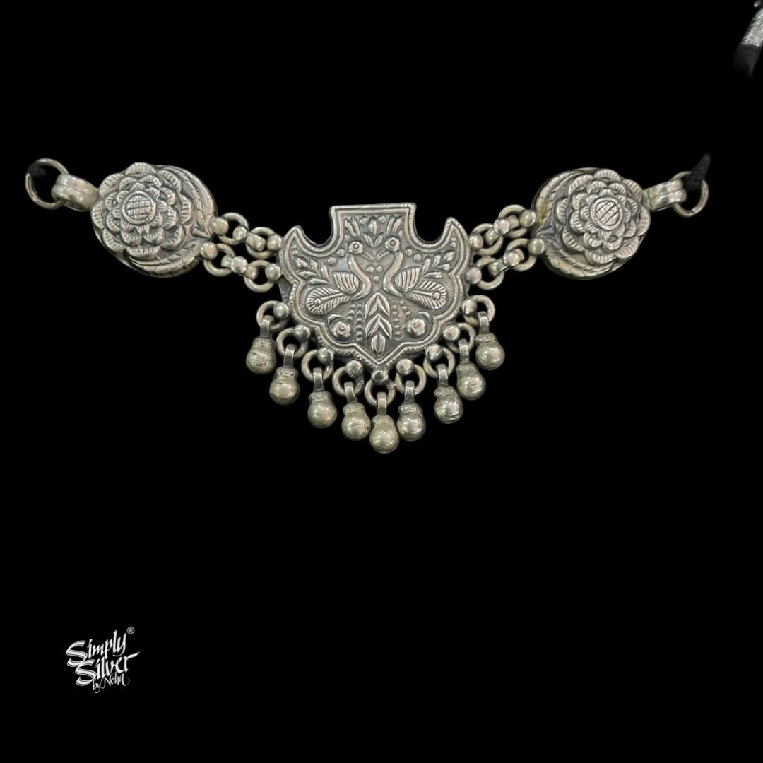 Silver Peacocks & Flowers Ghungroos Choker Earrings Set - MH5844