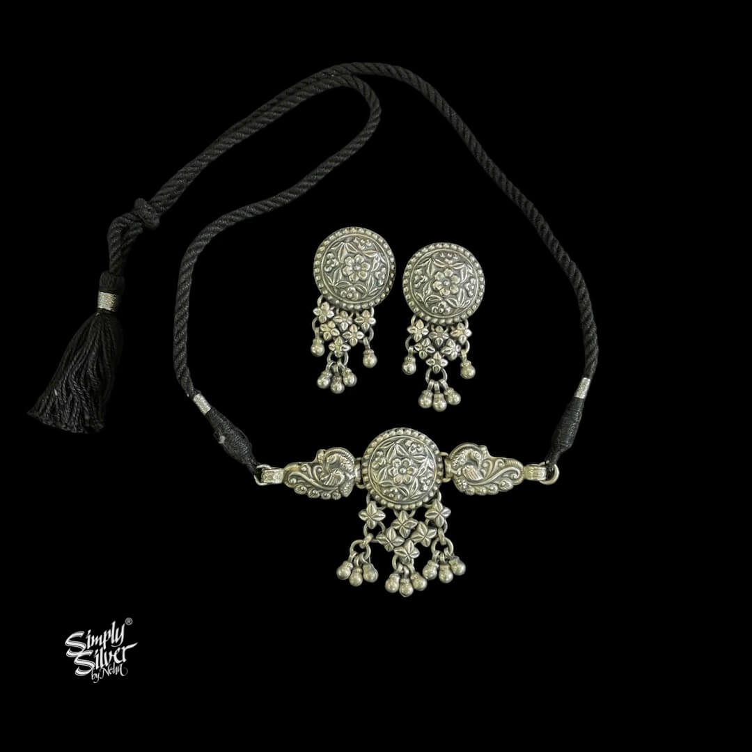 Silver Center Flower Ghungroos & Peacocks Choker with Earrings Set - MH5845