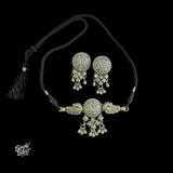 Silver Center Flower Ghungroos & Peacocks Choker with Earrings Set - MH5845