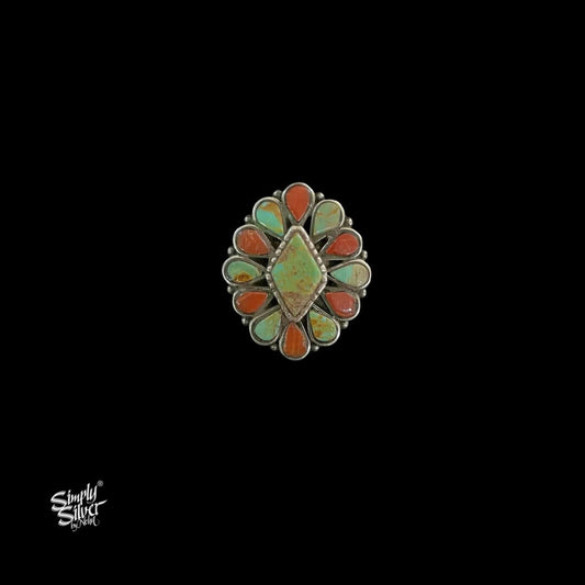 Turquoise & Red Coral Flower Ring - MH5851