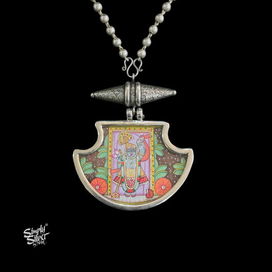 Silver Statement Ball Chain with Hand Painted Krishna Ji Necklace - MH5854