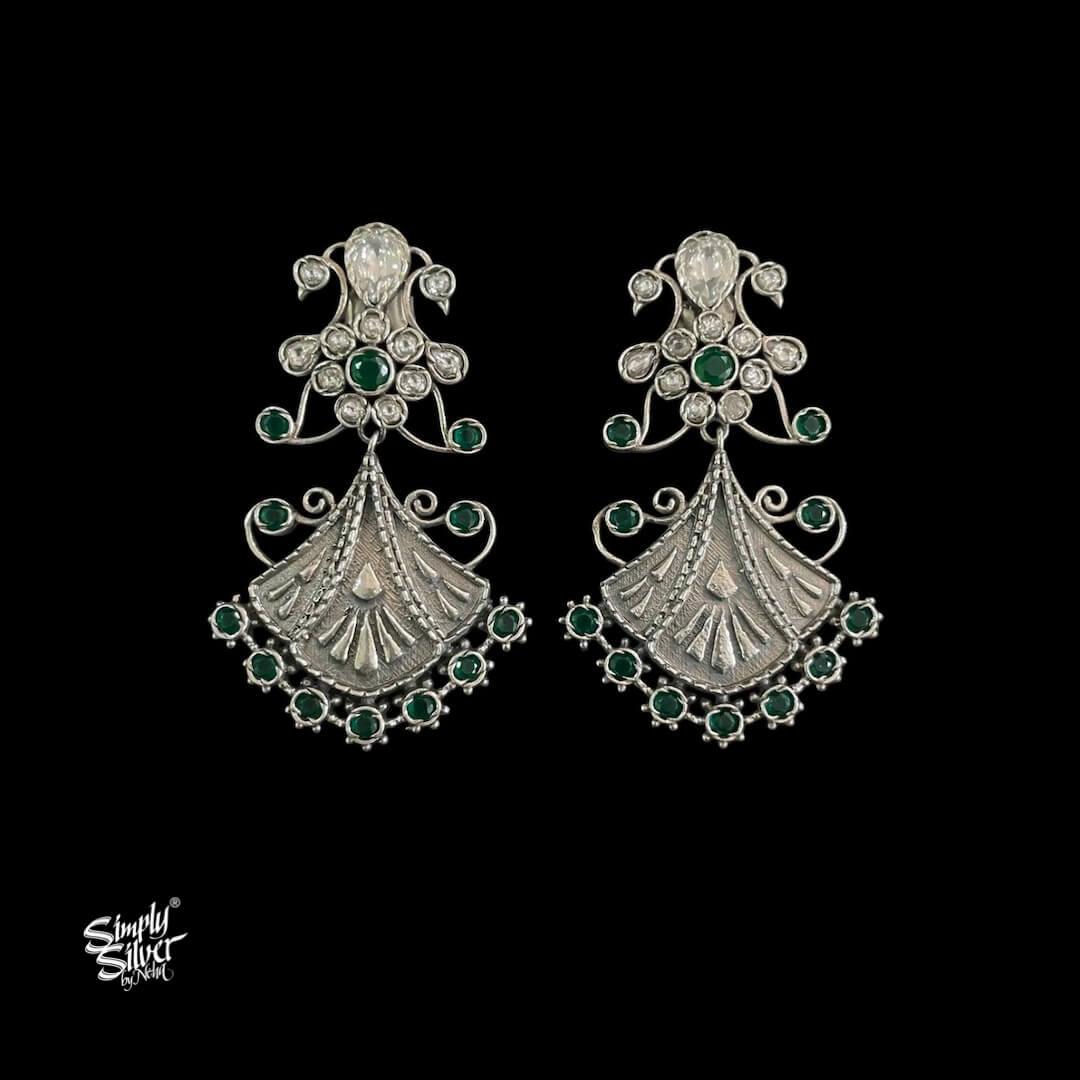 White & Green Stone Jaali Flower Earrings - MH5856