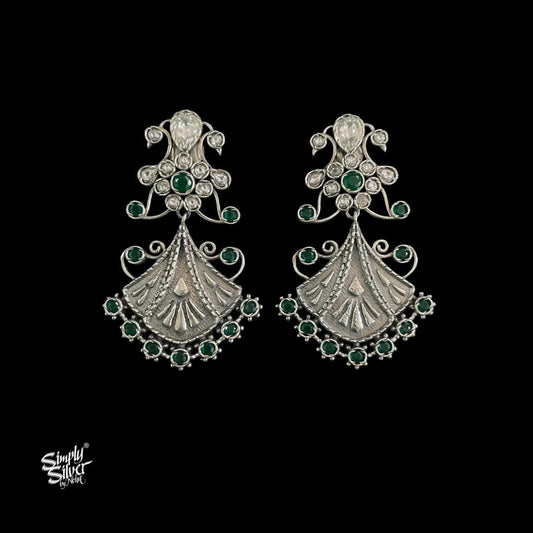 White & Green Stone Jaali Flower Earrings - MH5856