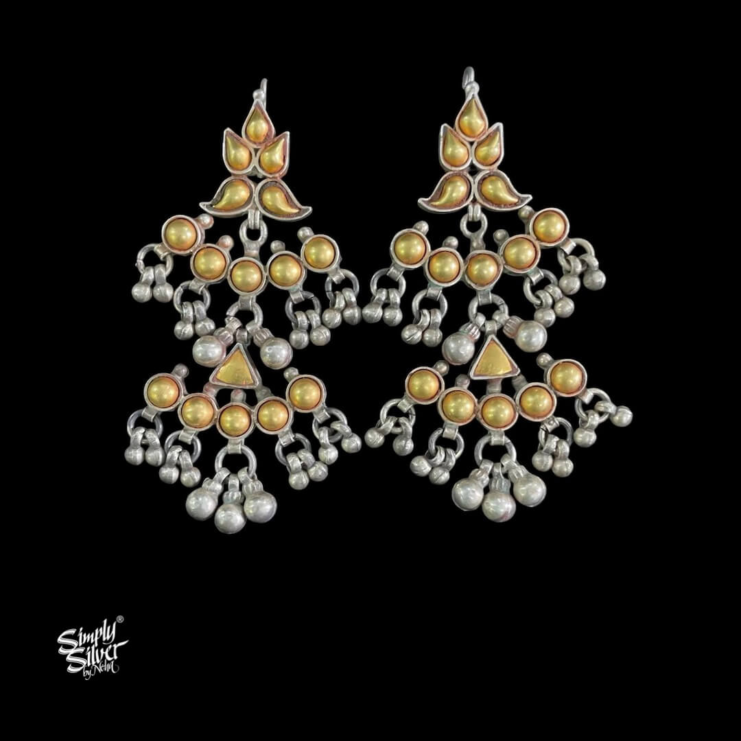 Bandhel Silver Long Dual Tone with Ghungroos Earrings - MH5879
