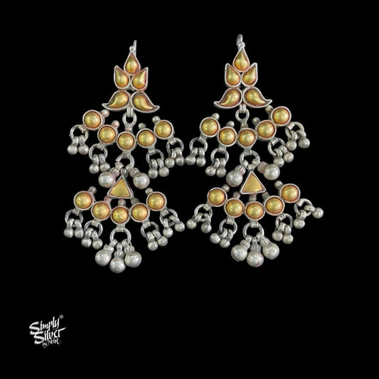 Bandhel Silver Long Dual Tone with Ghungroos Earrings - MH5879