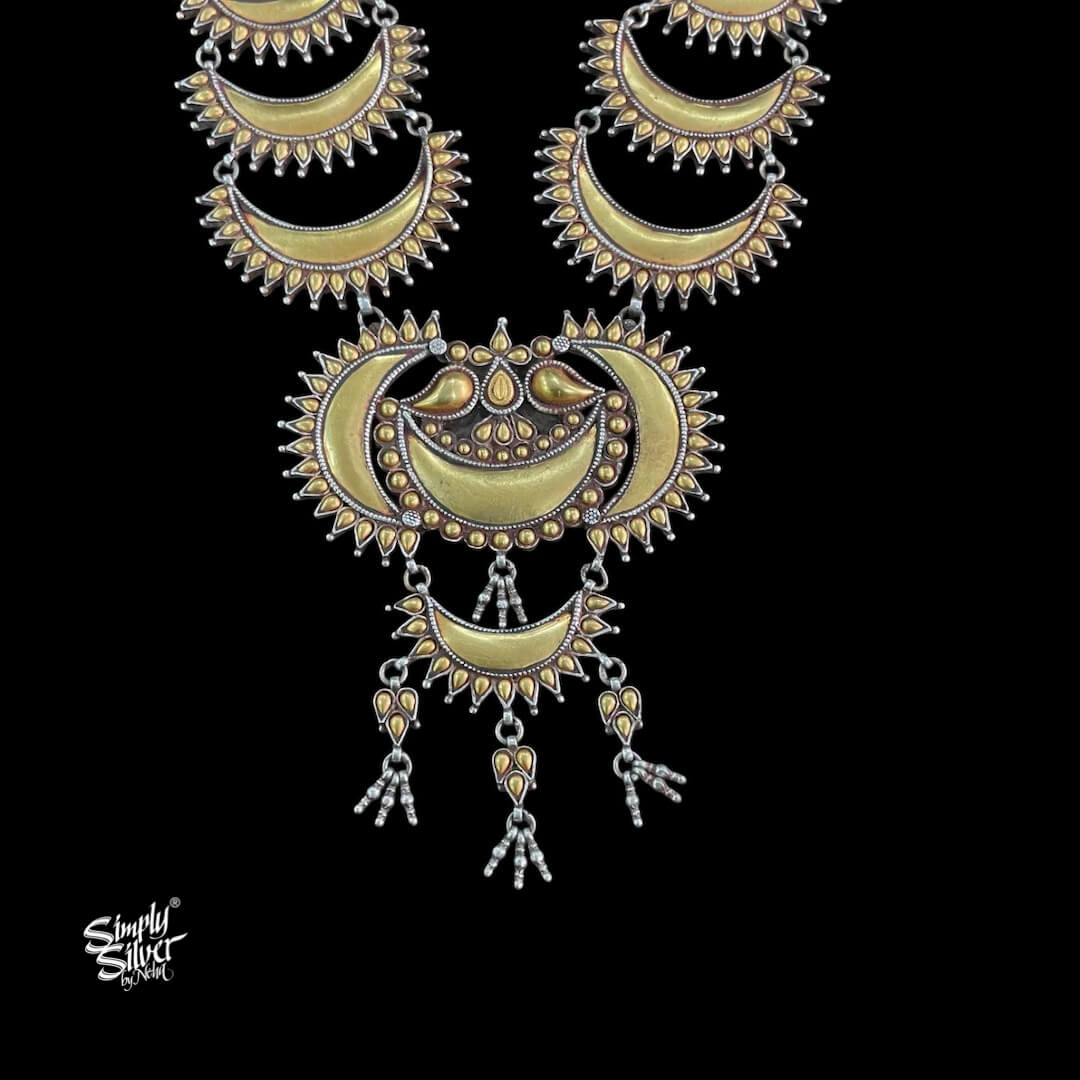 Bandhel Silver Statement Dual Tone Multi Layer Chaand Necklace - MH5892
