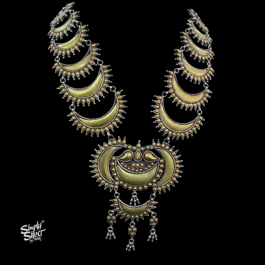 Bandhel Silver Statement Dual Tone Multi Layer Chaand Necklace - MH5892