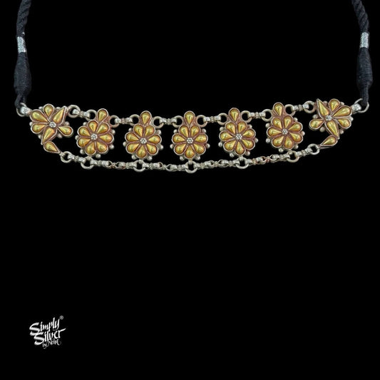 Bandhel Silver Dual Tone Flower & Chain Choker - MH5896