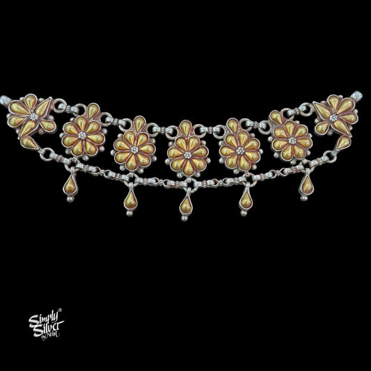 Bandhel Silver Dual Tone Flower & Chain Choker - MH5899