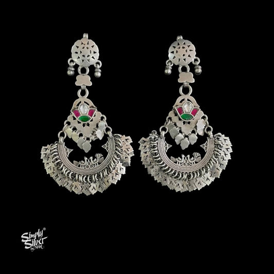 Silver Jaali Flower with Multi Color Kundan & Peacocks Chaand Bali - MH5908