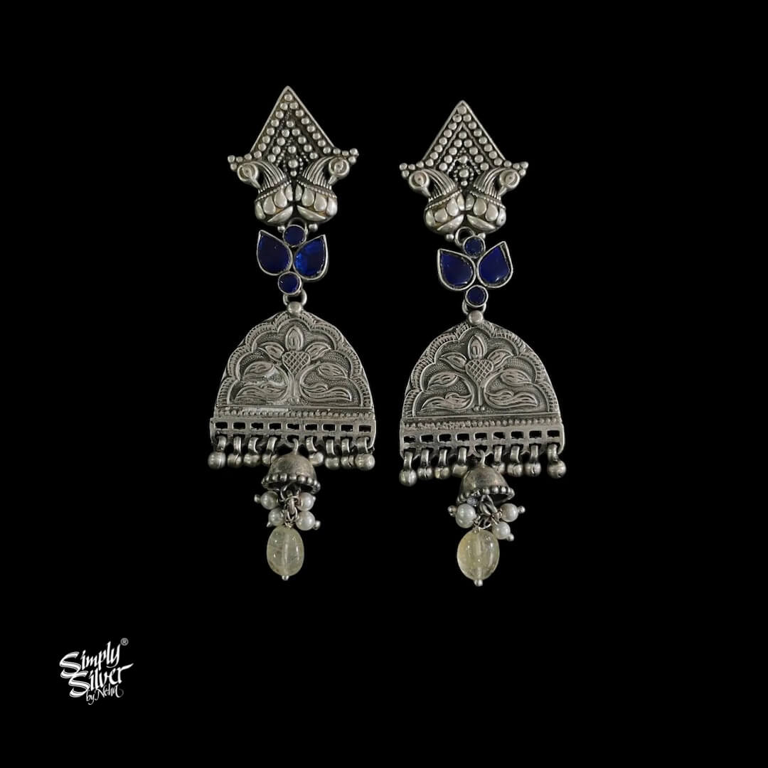 Silver Peacocks with Blue Kundan Flower & Small Pearls Jhumka  - MH5910