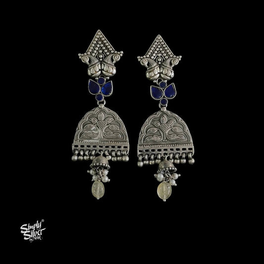 Silver Peacocks with Blue Kundan Flower & Small Pearls Jhumka  - MH5910