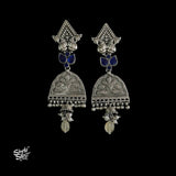 Silver Peacocks with Blue Kundan Flower & Small Pearls Jhumka  - MH5910