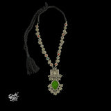 Silver Statement Big Green Glass & Ghungroos Necklace with Multi Color Stone Jaali Chain - MH5912