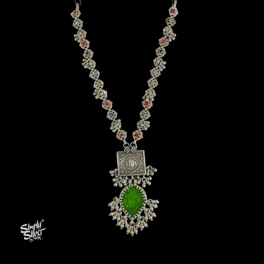 Silver Statement Big Green Glass & Ghungroos Necklace with Multi Color Stone Jaali Chain - MH5912