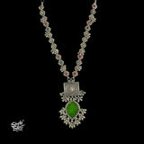 Silver Statement Big Green Glass & Ghungroos Necklace with Multi Color Stone Jaali Chain - MH5912