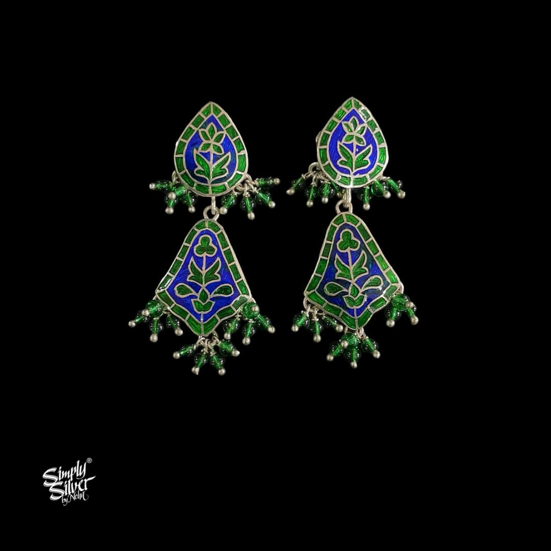 Blue & Green Meenakari Work with Green Stone Danglers - MH5914