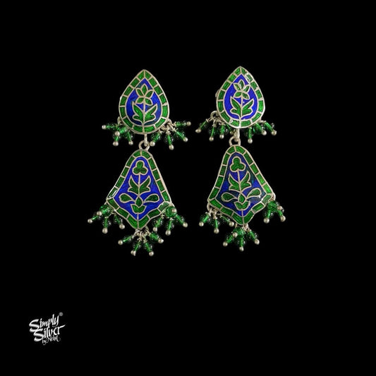 Blue & Green Meenakari Work with Green Stone Danglers - MH5914