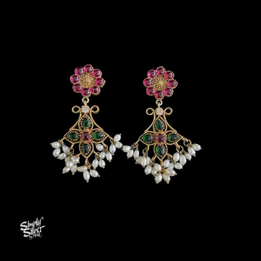 Silver Dual Tone Pink & Green Kundan Flower with Ad Stone & Pearls - MH5916