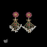 Silver Dual Tone Pink & Green Kundan Flower with Ad Stone & Pearls - MH5916