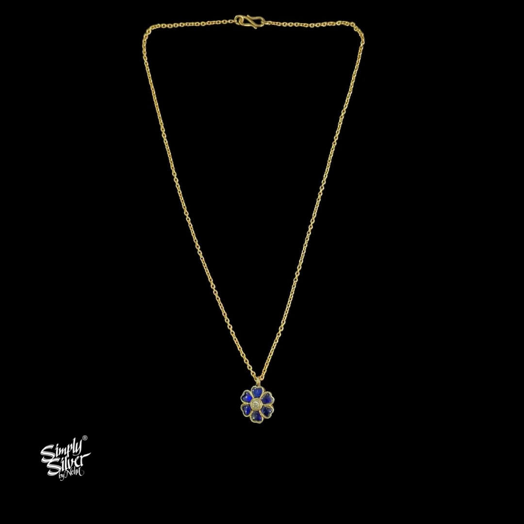 Blue & White Khundan Flower with Gold Polish Silver Chain Necklace - MH5919