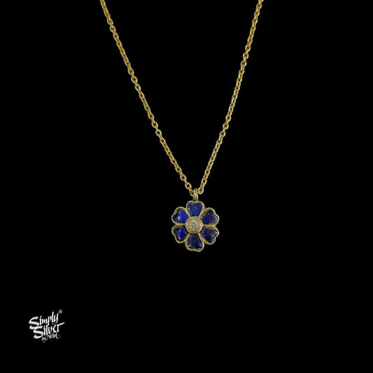 Blue & White Khundan Flower with Gold Polish Silver Chain Necklace - MH5919
