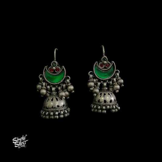 Green Glass Chaand with Multi Color Stone & Jaali Jhumka - MH5945