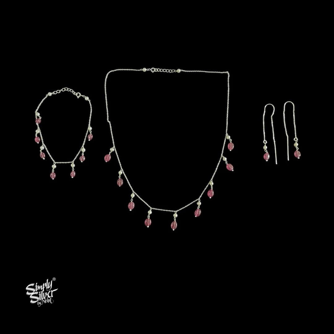 Silver Chain with Pink Stone & Pearls Necklace, Bracelet & Earring Set - MH5948