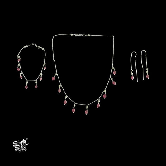Silver Chain with Pink Stone & Pearls Necklace, Bracelet & Earring Set - MH5948