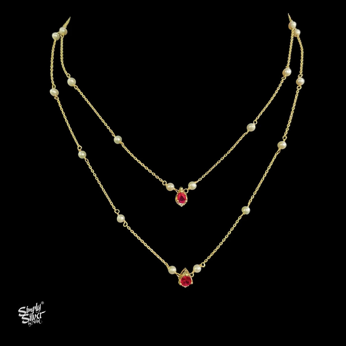 Gold Polish Pearl Chain with White & Pink Stone Necklace-1