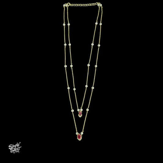 Gold Polish Pearl Chain with White & Pink Stone Necklace-2