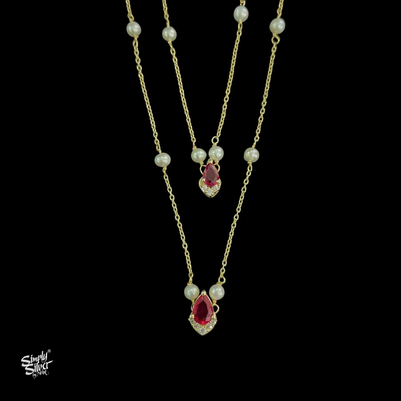 Gold Polish Pearl Chain with White & Pink Stone Necklace-3