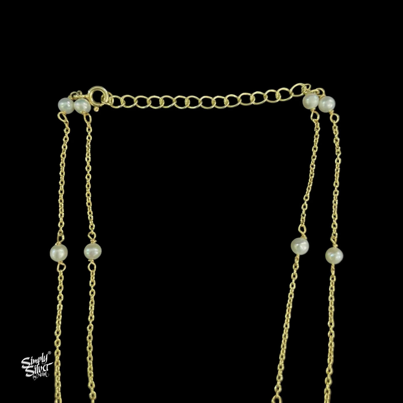Gold Polish Pearl Chain with White & Pink Stone Necklace-4