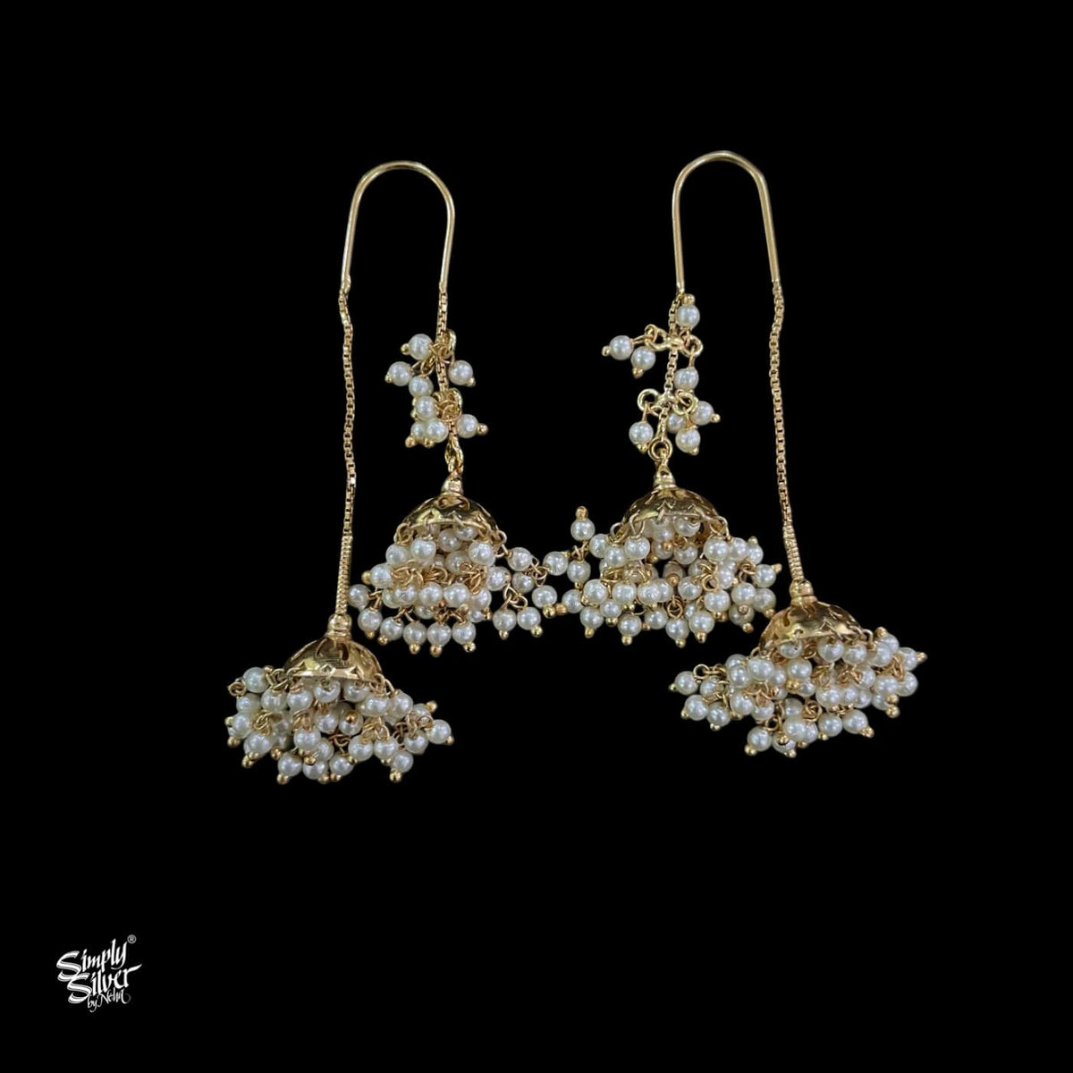 Silver Gold Polish with Long 2 Pearls Jhumka - MH5958