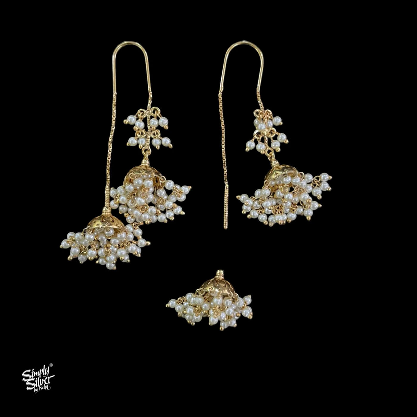Silver Gold Polish with Long 2 Pearls Jhumka - MH5958