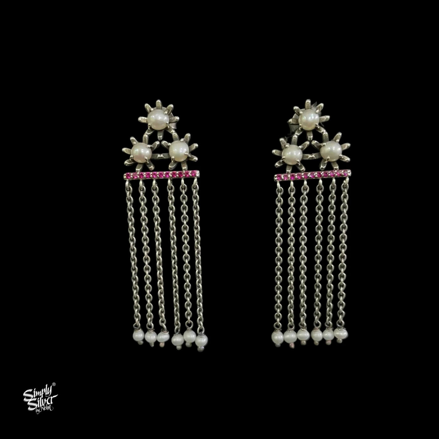 Pearl Flower with Pink Stone & Long Chains-2